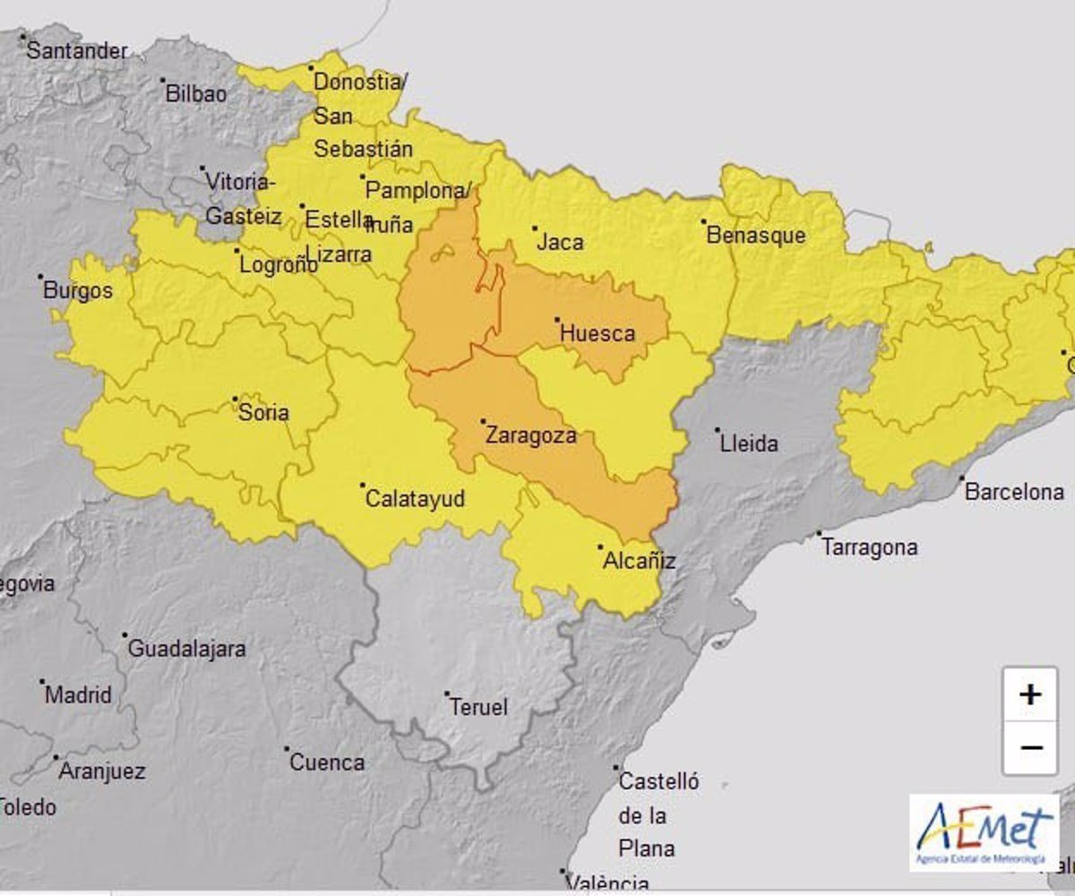 Aviso amarillo y naranja por lluvias y tormentas en las tres provincias aragonesas para este domingo