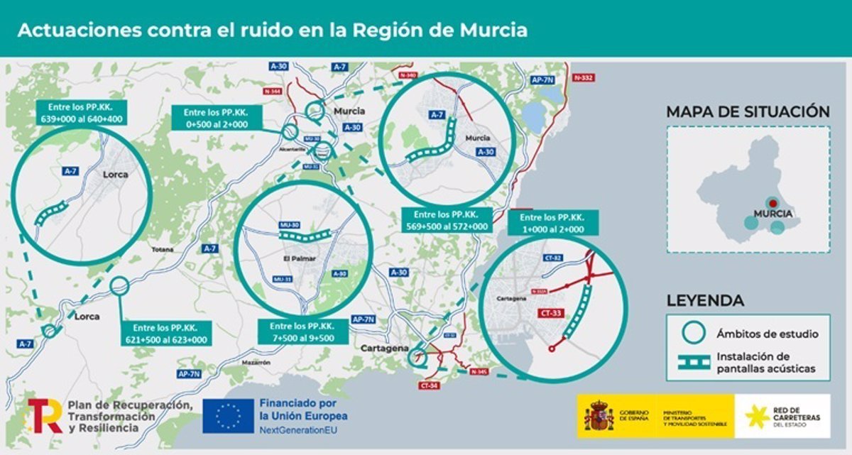 Transporte subasta por 3,7 millones la instalación de pantallas acústicas en Lorca, Cartagena, El Palmar y Murcia