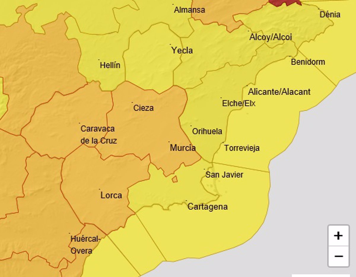 Aviso naranja activo en la región, excluyendo Altiplano y Campo de Cartagena