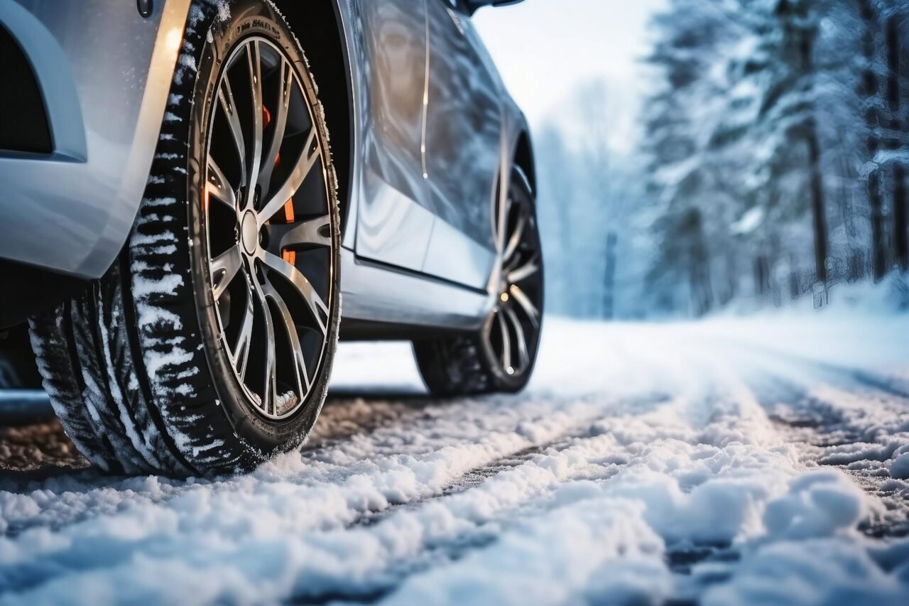 El SUV con neumáticos de invierno circula por una carretera cubierta de nieve y hielo.