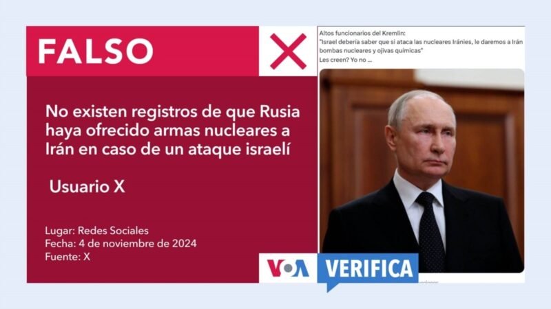 El Kremlin niega enviar armas nucleares a Irán en caso de ataque israelí. Es un rumor infundado. 

El gobierno ruso ha desmentido categóricamente la noticia que circula en medios internacionales. No hay planes de entregar armamento nuclear a Irán en caso de conflicto con Israel.

Las autoridades rusas han calificado la noticia como falsa y han instado a no difundir información no verificada. No hay intenciones de desestabilizar la región con armas nucleares.