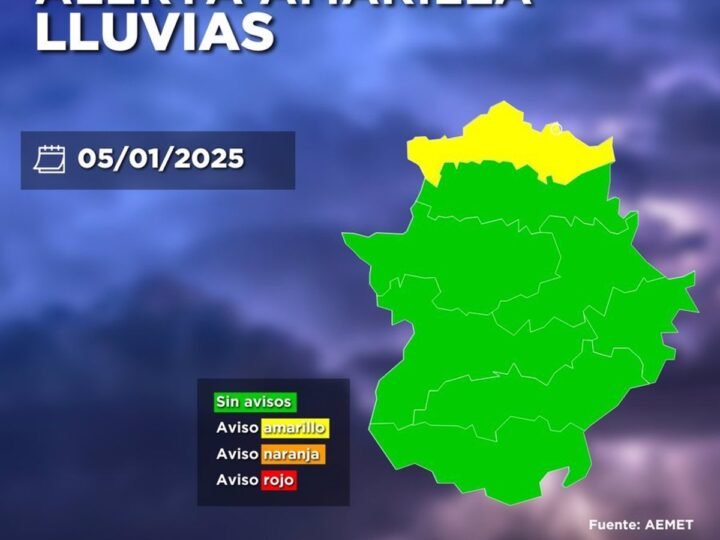 Alerta amarilla por lluvias en el norte de Cáceres para el domingo